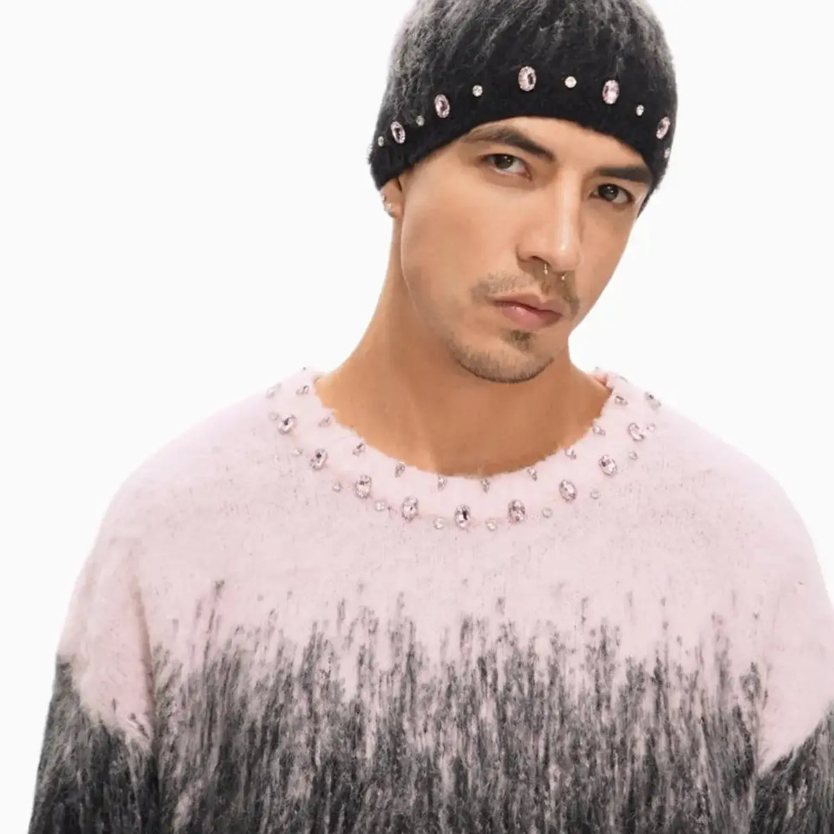 Men's Arranged Mohair Crew Neck Sweater