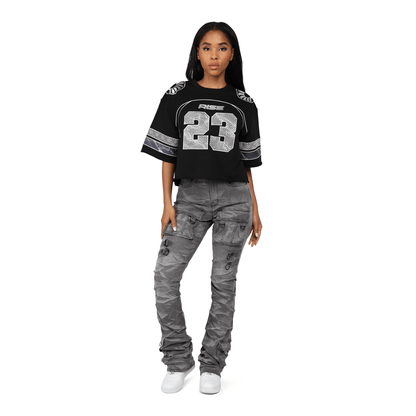 Women's High Rise Rhinestone Stacked Jeans Pant