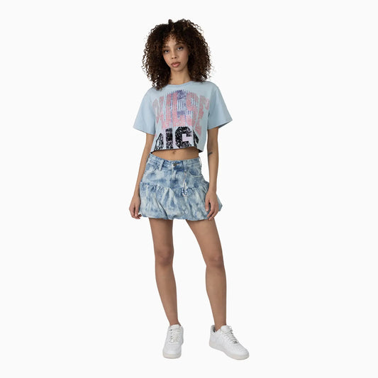 Women's Fitted Rhinestone Cropped T-Shirt and Skirt Outfit