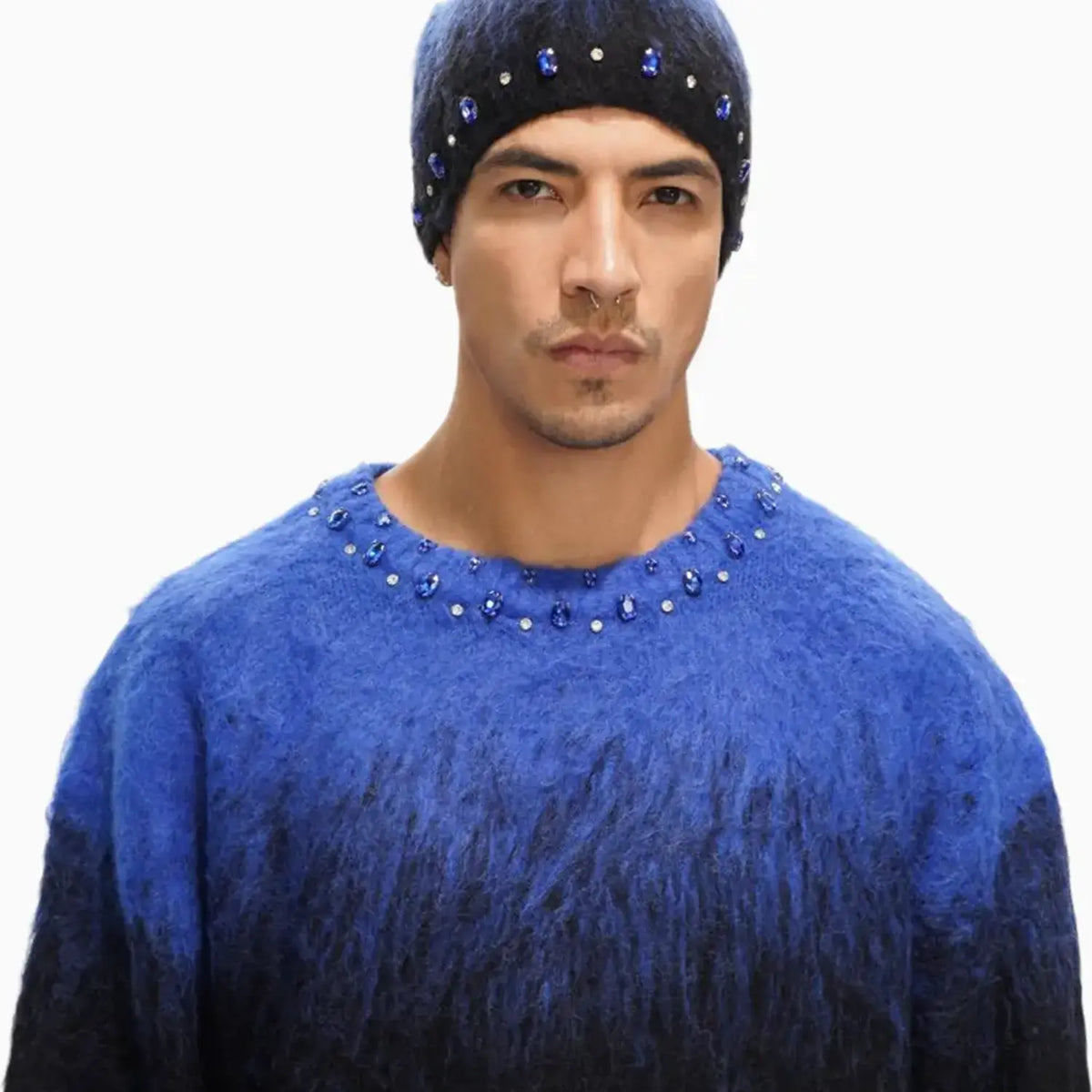 Men's Arranged Mohair Crew Neck Sweater